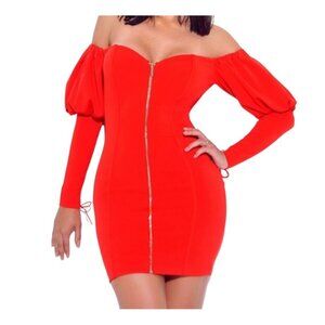 Off-Shoulder Red Dress W/ Puff Sleeves Zip Front Tie Detail Size S Miss Circle P